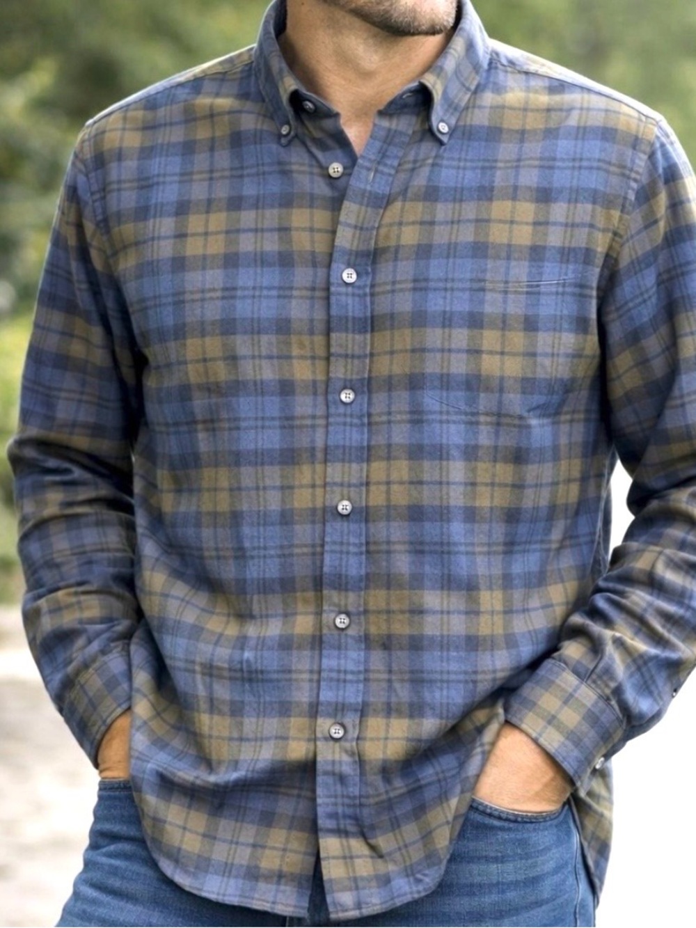ETON Men XXL Blue Olive Green Plaid Flannel Ling Sleeve Button Up Shirt